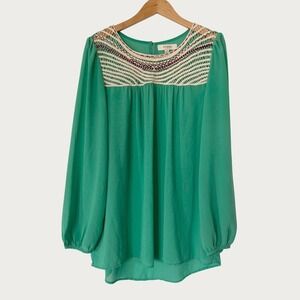 Umgee Crochet Yoke Women M Green Long Sleeve Blouse Boho Embroidered Peasant